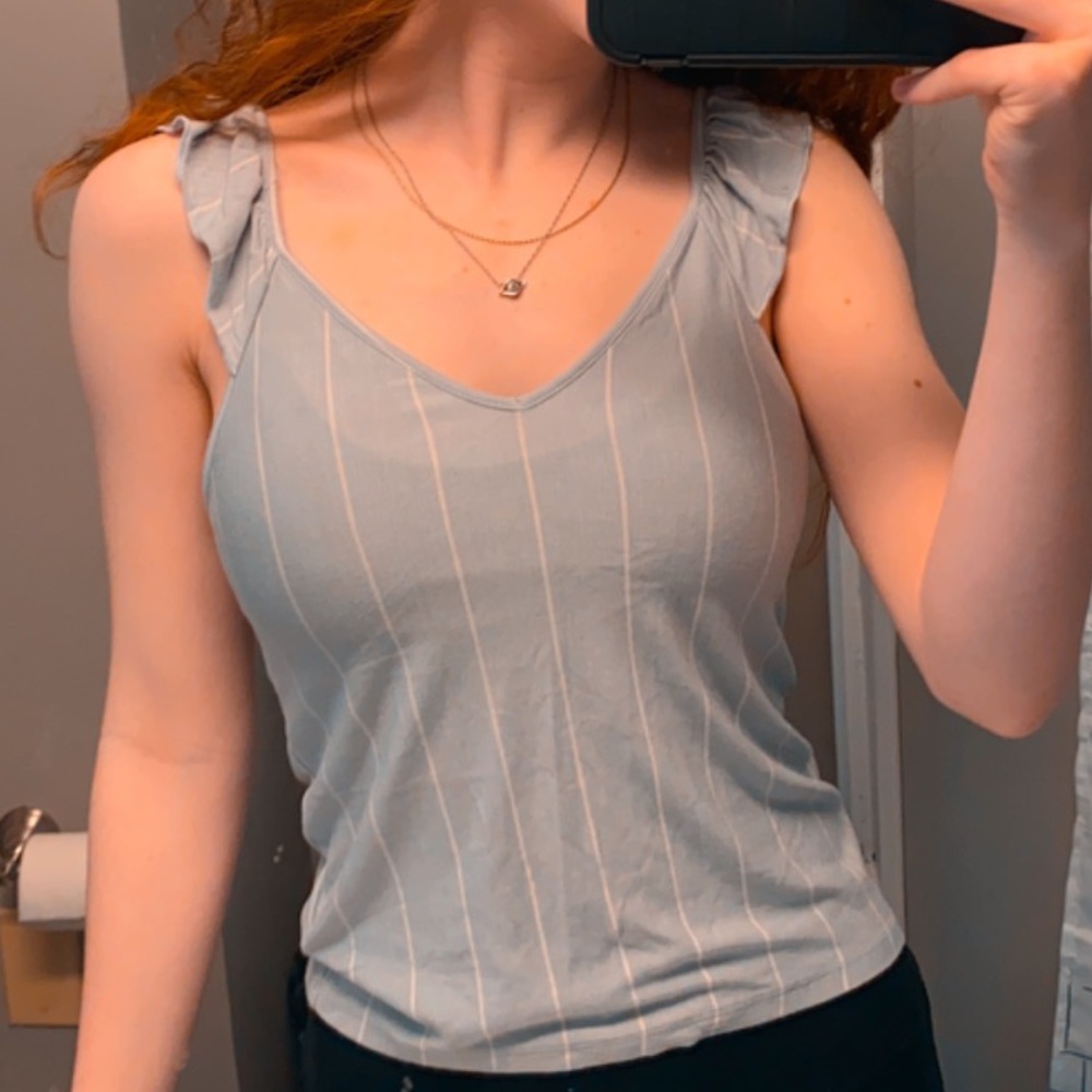 Blue and white striped ruffle sleeve tank top
